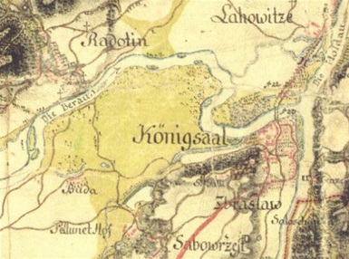 Mapa z roku 1776, na níž je vidět původní tok řeky Berounky uhýbající za Radotínem ke Zbraslavi. 